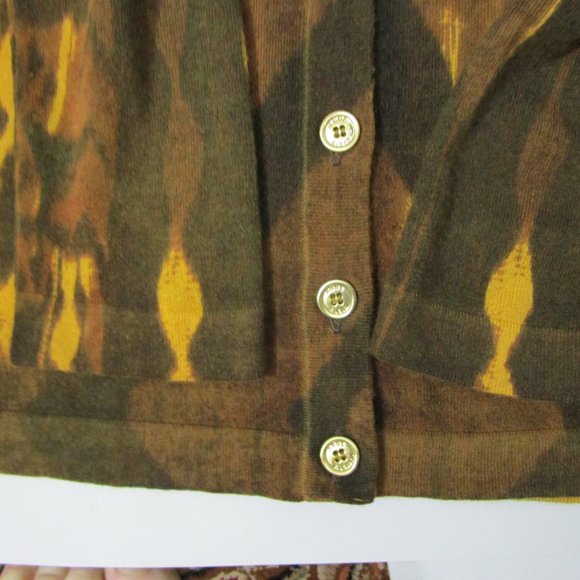 SILK CASHMERE Cardigan Sweater Knit Abstract Brown Gold Logo Button - Picture 5 of 10